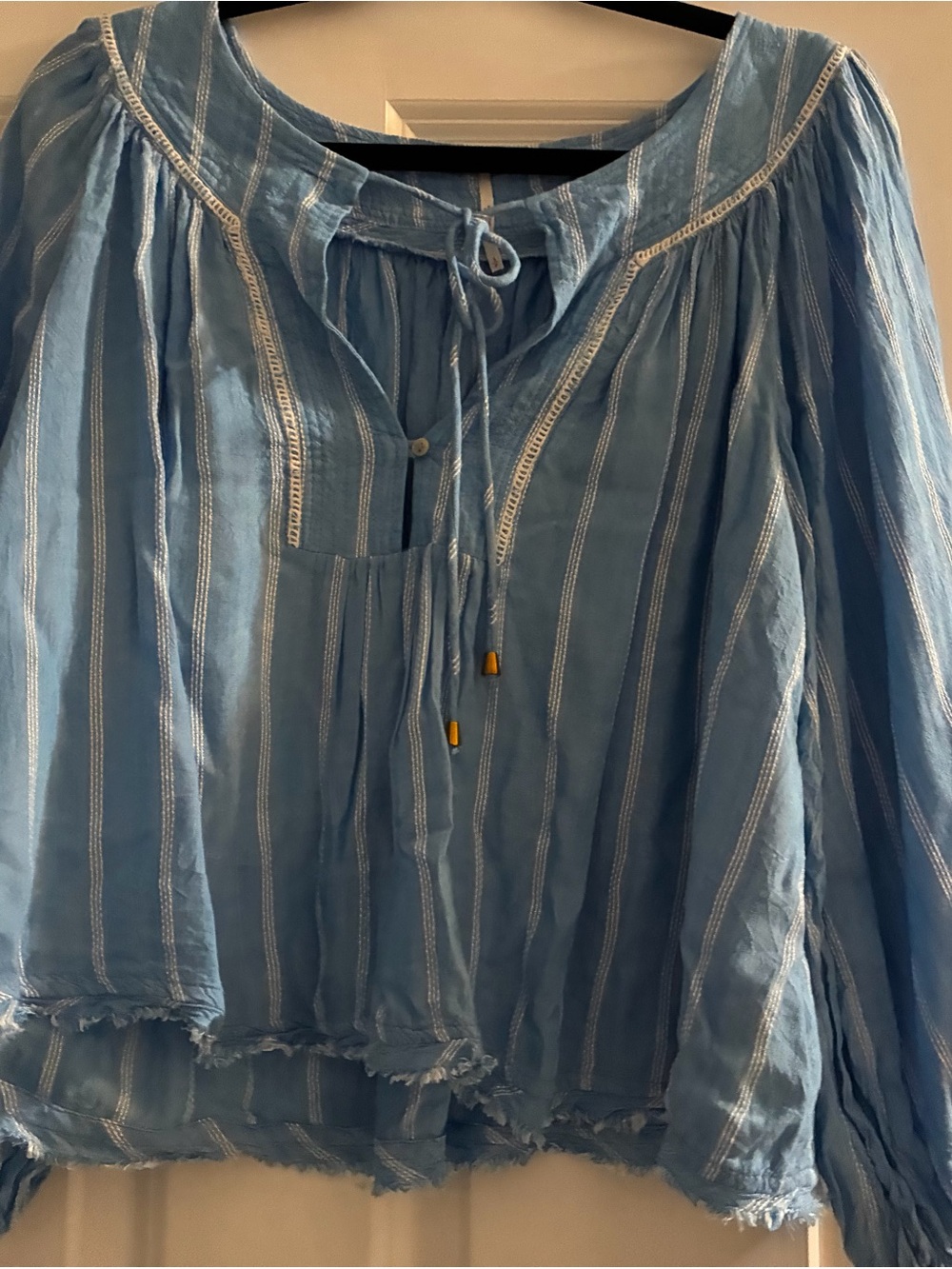 Free People Light Blue Striped Tie-Front Peasant Blouse